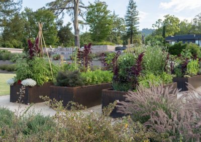 Raised vegetable garden beds and seasonal plantings in a Napa Valley estate.